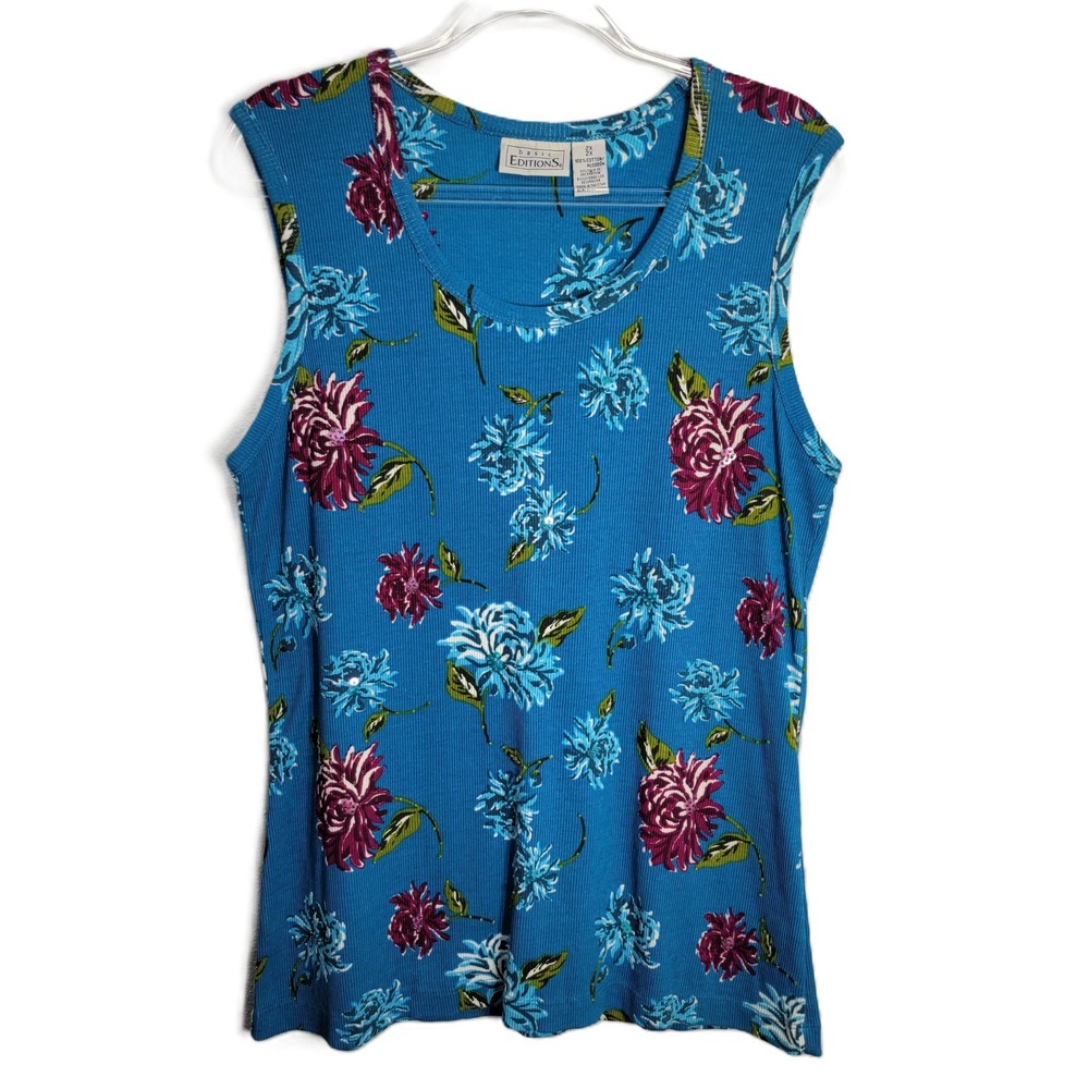Basic Editions Womens 2X Blue Floral Ribbed Sequin Beaded Cotton Tank Top Y2K